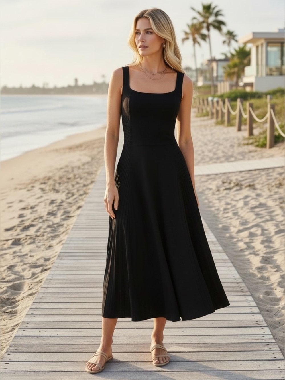 LOFT Black Ribbed Square Neck Midi Fit and Flare Dress Size 14 NWT